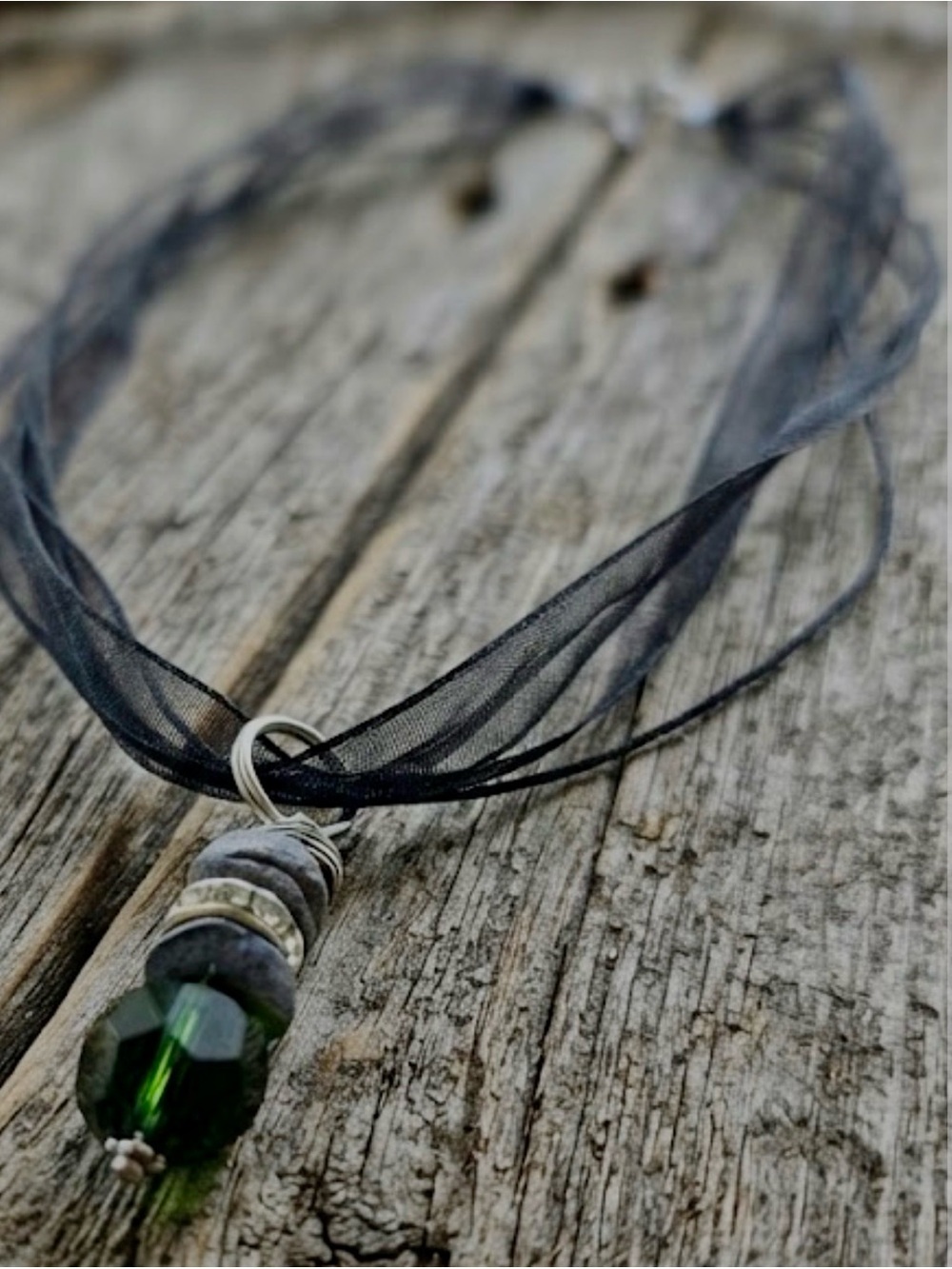Bohemian Black Ribbon Necklace with Deep Green Crystal Pendant